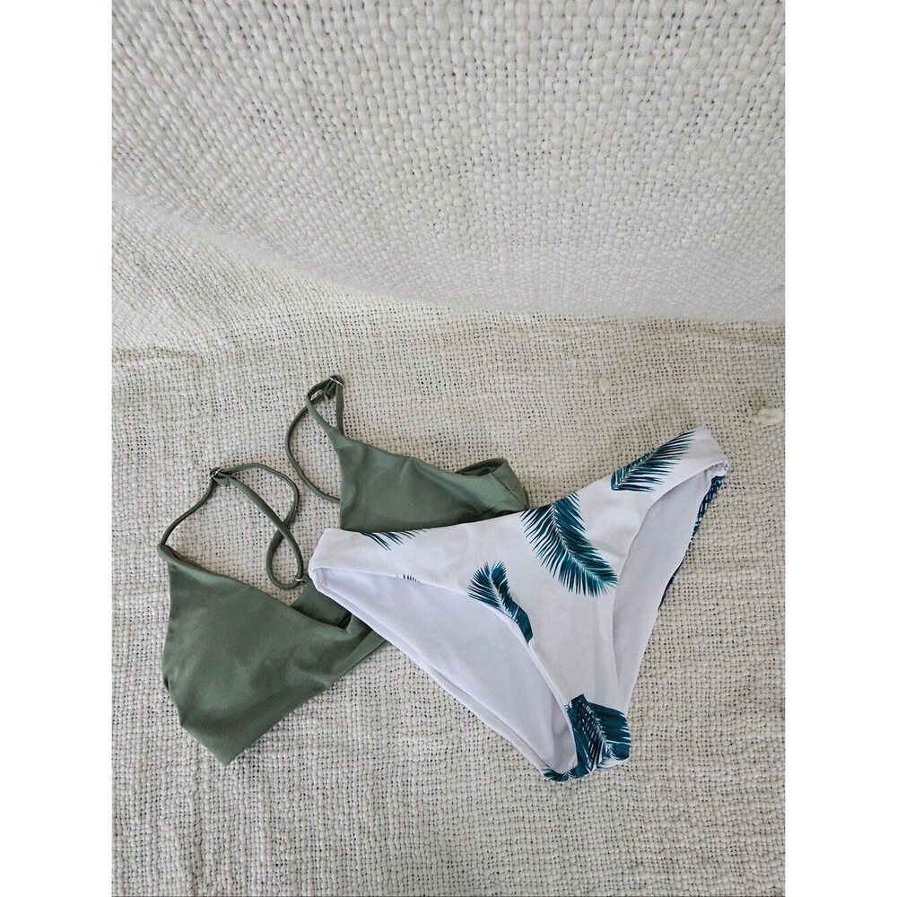 Olive Triangle Bikini Top with White Palm-Print Bottoms - Women Swim Size S